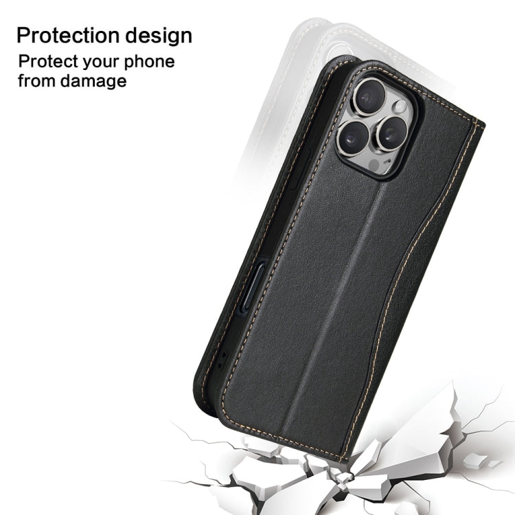 For iPhone 16 Pro Fierre Shann Cowhide Leather Flip Leather Phone Case(Black) by FIERRE SHANN