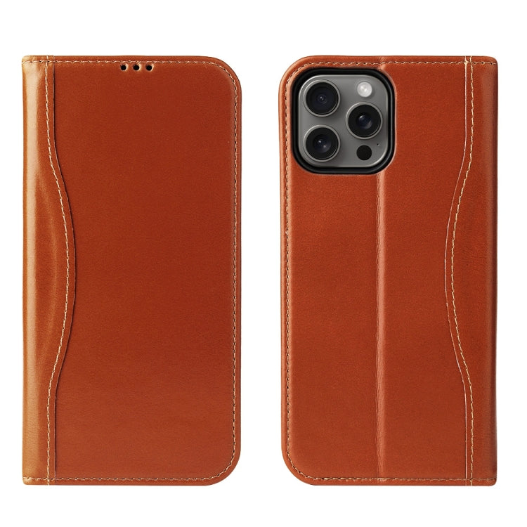 For iPhone 16 Pro Fierre Shann Cowhide Leather Flip Leather Phone Case(Brown) by FIERRE SHANN