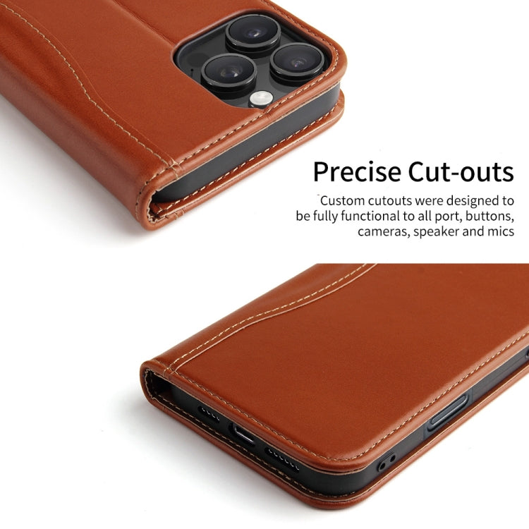 For iPhone 16 Pro Fierre Shann Cowhide Leather Flip Leather Phone Case(Brown) by FIERRE SHANN