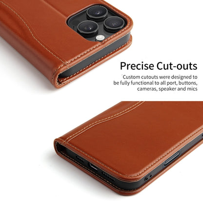 For iPhone 16 Pro Fierre Shann Cowhide Leather Flip Leather Phone Case(Brown) by FIERRE SHANN