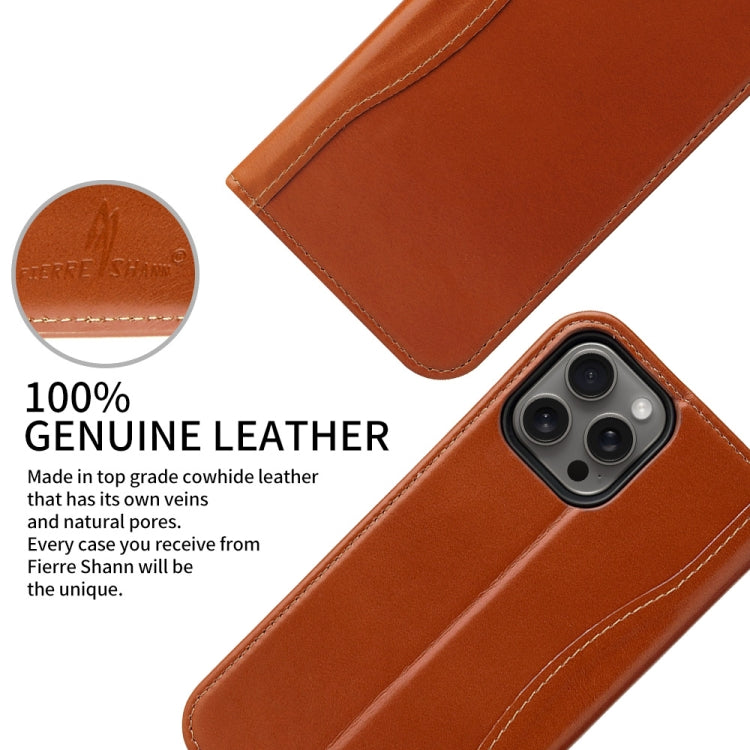 For iPhone 16 Pro Fierre Shann Cowhide Leather Flip Leather Phone Case(Brown) by FIERRE SHANN