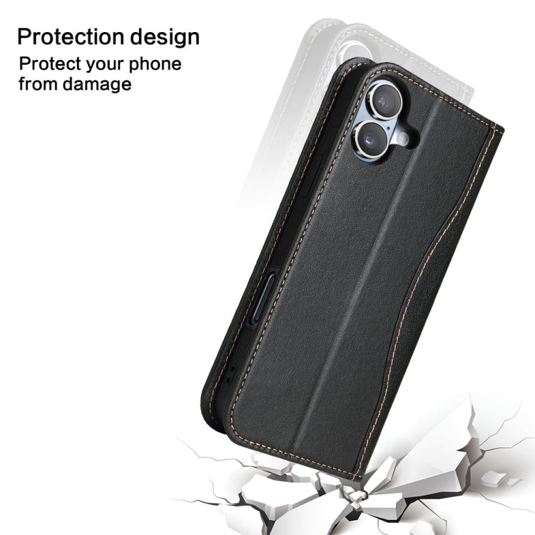 For iPhone 16 Plus Fierre Shann Cowhide Leather Flip Leather Phone Case(Black) by FIERRE SHANN