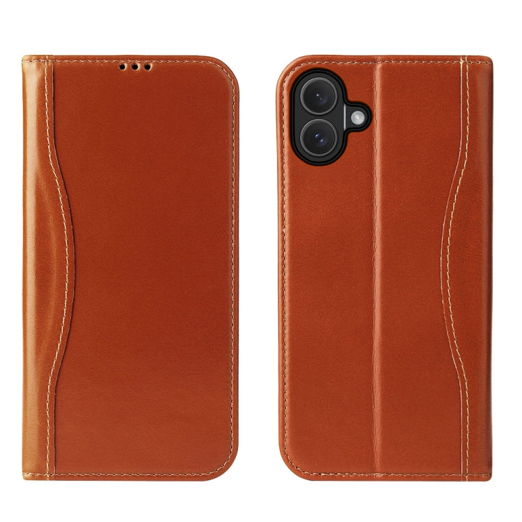 For iPhone 16 Plus Fierre Shann Cowhide Leather Flip Leather Phone Case(Brown) by FIERRE SHANN
