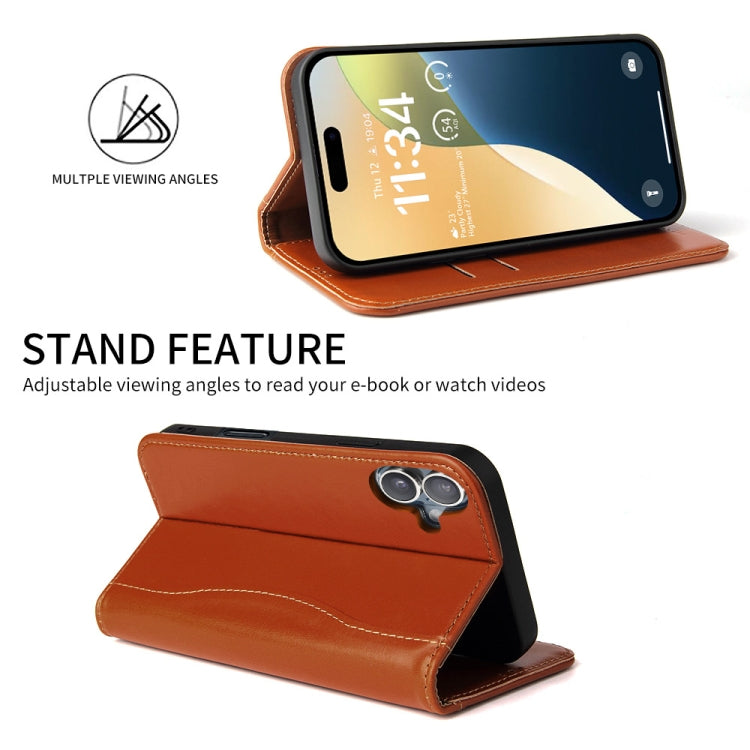 For iPhone 16 Plus Fierre Shann Cowhide Leather Flip Leather Phone Case(Brown) by FIERRE SHANN