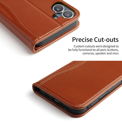 For iPhone 16 Plus Fierre Shann Cowhide Leather Flip Leather Phone Case(Brown) by FIERRE SHANN