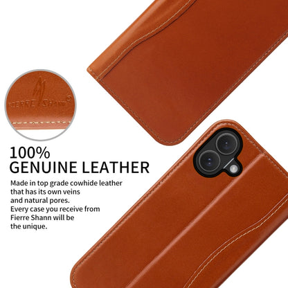 For iPhone 16 Plus Fierre Shann Cowhide Leather Flip Leather Phone Case(Brown) by FIERRE SHANN