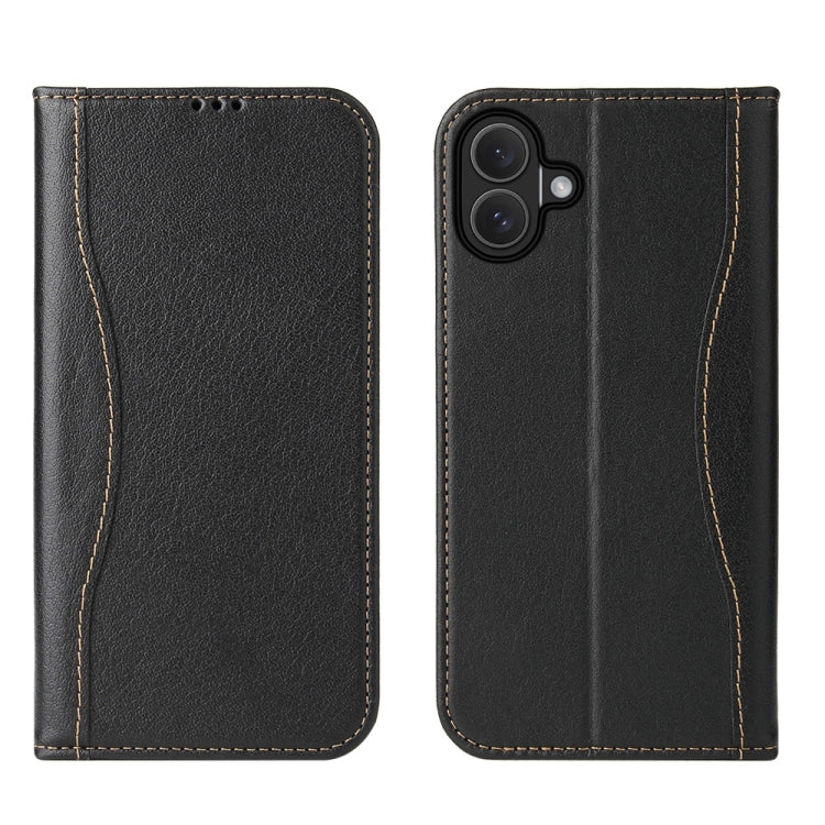 For iPhone 16 Fierre Shann Cowhide Leather Flip Leather Phone Case(Black) by FIERRE SHANN