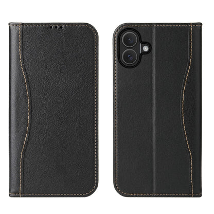 For iPhone 16 Fierre Shann Cowhide Leather Flip Leather Phone Case(Black) by FIERRE SHANN
