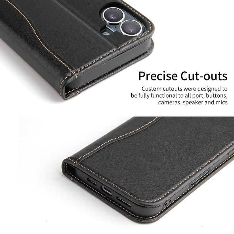 For iPhone 16 Fierre Shann Cowhide Leather Flip Leather Phone Case(Black) by FIERRE SHANN