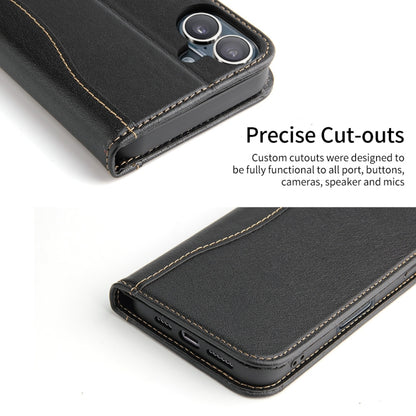 For iPhone 16 Fierre Shann Cowhide Leather Flip Leather Phone Case(Black) by FIERRE SHANN