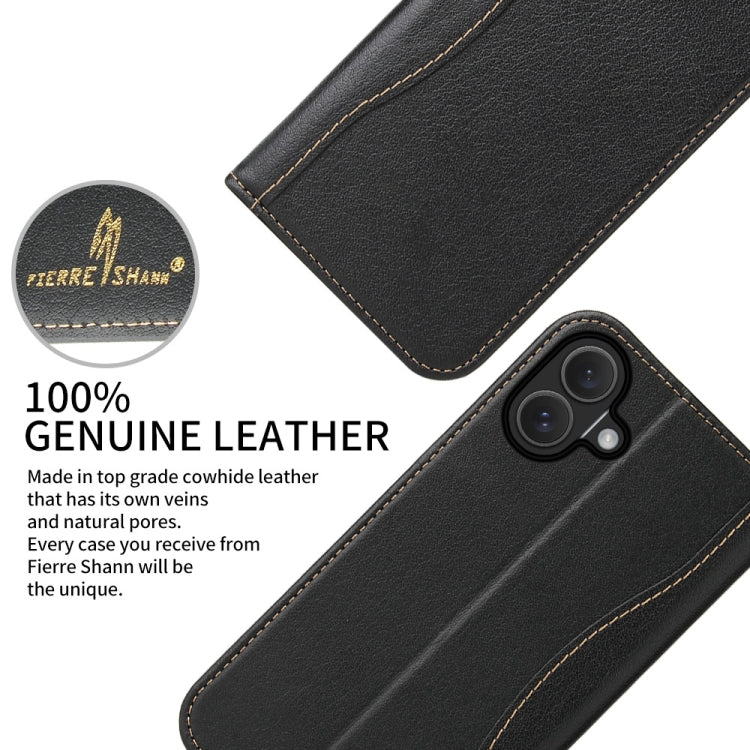For iPhone 16 Fierre Shann Cowhide Leather Flip Leather Phone Case(Black) by FIERRE SHANN
