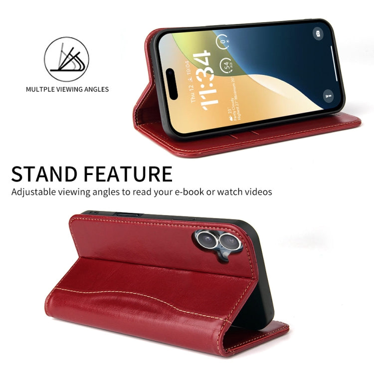 For iPhone 16 Fierre Shann Cowhide Leather Flip Leather Phone Case(Red) by FIERRE SHANN