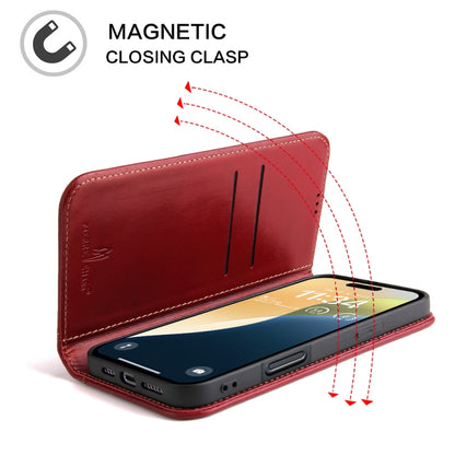 For iPhone 16 Fierre Shann Cowhide Leather Flip Leather Phone Case(Red) by FIERRE SHANN