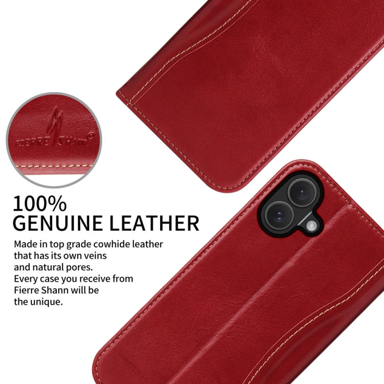 For iPhone 16 Fierre Shann Cowhide Leather Flip Leather Phone Case(Red) by FIERRE SHANN