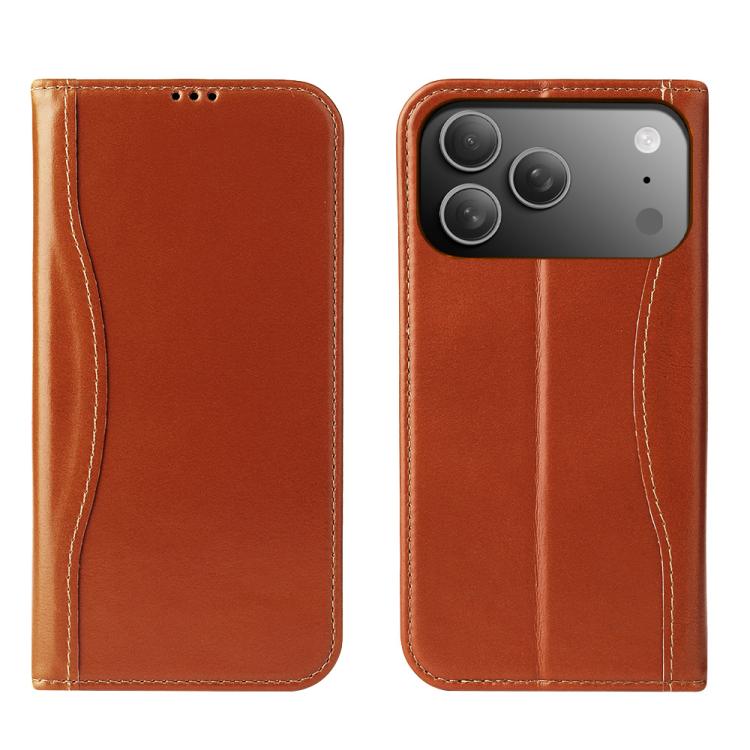 For iPhone 17 Pro Max Fierre Shann Cowhide Leather Flip Leather Phone Case(Brown) by FIERRE SHANN