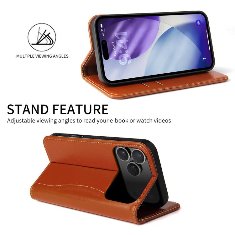 For iPhone 17 Pro Max Fierre Shann Cowhide Leather Flip Leather Phone Case(Brown) by FIERRE SHANN