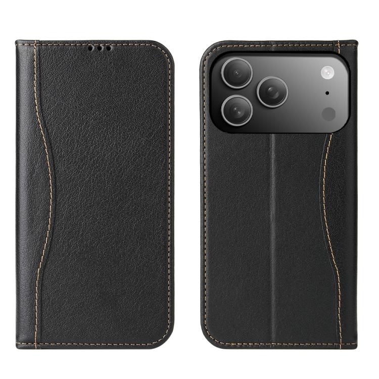 For iPhone 17 Pro Fierre Shann Cowhide Leather Flip Leather Phone Case(Black) by FIERRE SHANN