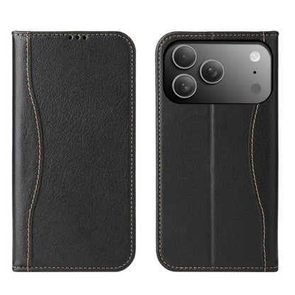 For iPhone 17 Pro Fierre Shann Cowhide Leather Flip Leather Phone Case(Black) by FIERRE SHANN