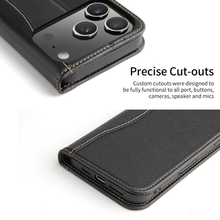For iPhone 17 Pro Fierre Shann Cowhide Leather Flip Leather Phone Case(Black) by FIERRE SHANN