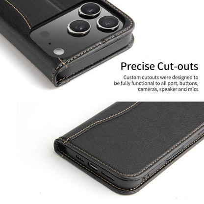 For iPhone 17 Pro Fierre Shann Cowhide Leather Flip Leather Phone Case(Black) by FIERRE SHANN