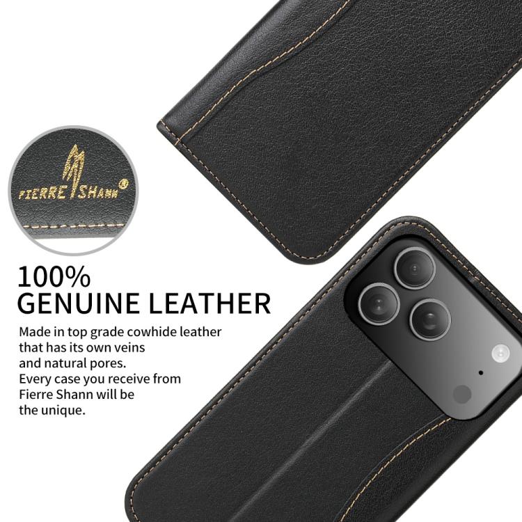 For iPhone 17 Pro Fierre Shann Cowhide Leather Flip Leather Phone Case(Black) by FIERRE SHANN
