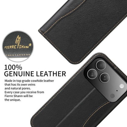 For iPhone 17 Pro Fierre Shann Cowhide Leather Flip Leather Phone Case(Black) by FIERRE SHANN