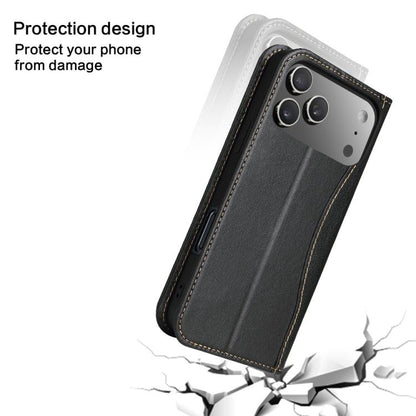 For iPhone 17 Pro Fierre Shann Cowhide Leather Flip Leather Phone Case(Black) by FIERRE SHANN