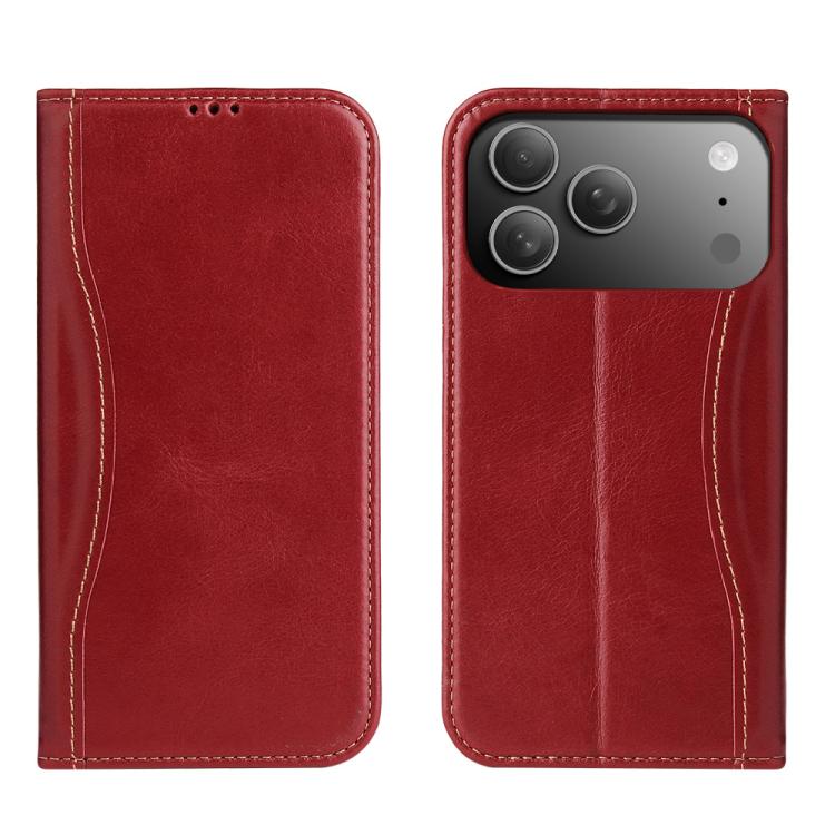 For iPhone 17 Pro Fierre Shann Cowhide Leather Flip Leather Phone Case(Red) by FIERRE SHANN