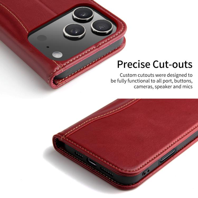For iPhone 17 Pro Fierre Shann Cowhide Leather Flip Leather Phone Case(Red) by FIERRE SHANN