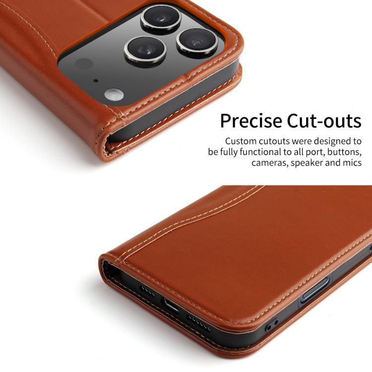 For iPhone 17 Pro Fierre Shann Cowhide Leather Flip Leather Phone Case(Brown) by FIERRE SHANN