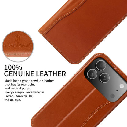 For iPhone 17 Pro Fierre Shann Cowhide Leather Flip Leather Phone Case(Brown) by FIERRE SHANN