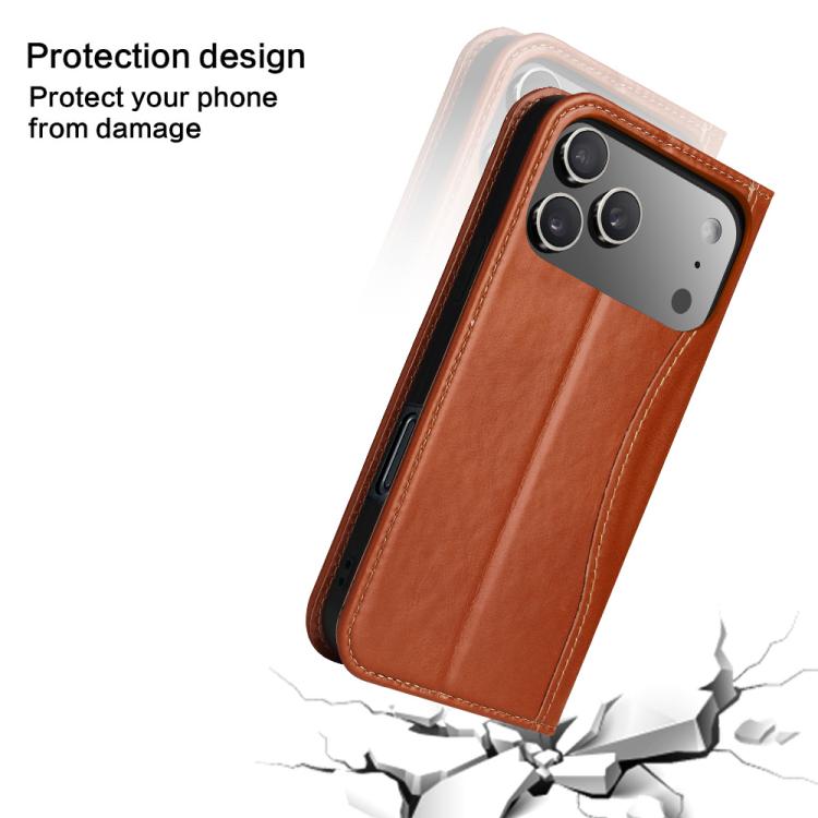 For iPhone 17 Pro Fierre Shann Cowhide Leather Flip Leather Phone Case(Brown) by FIERRE SHANN