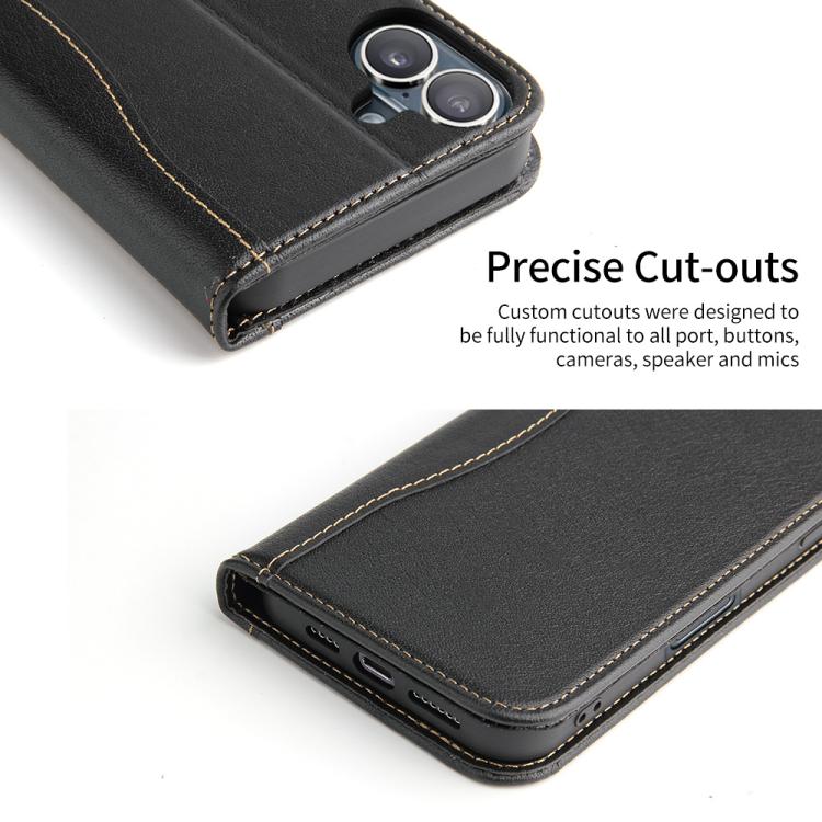 For iPhone 17 Fierre Shann Cowhide Leather Flip Leather Phone Case(Black) by FIERRE SHANN