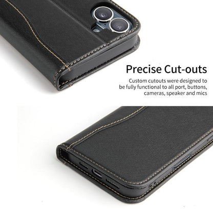 For iPhone 17 Fierre Shann Cowhide Leather Flip Leather Phone Case(Black) by FIERRE SHANN
