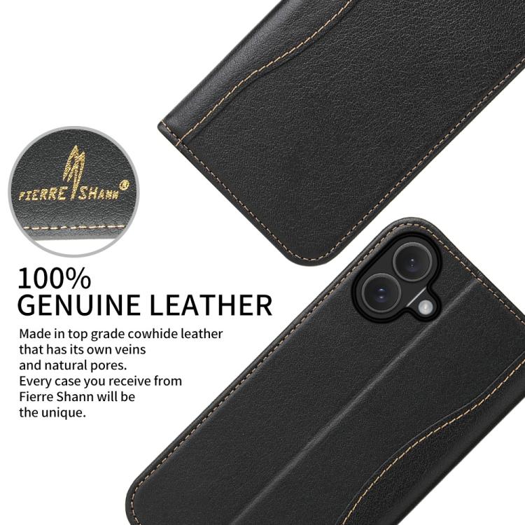 For iPhone 17 Fierre Shann Cowhide Leather Flip Leather Phone Case(Black) by FIERRE SHANN