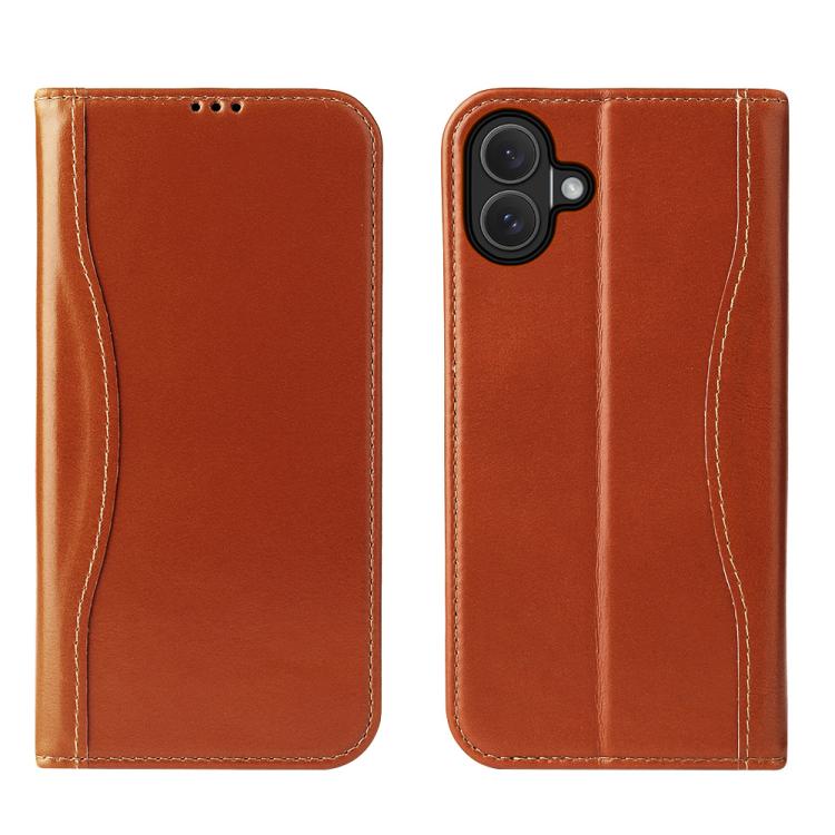 For iPhone 17 Fierre Shann Cowhide Leather Flip Leather Phone Case(Brown) by FIERRE SHANN