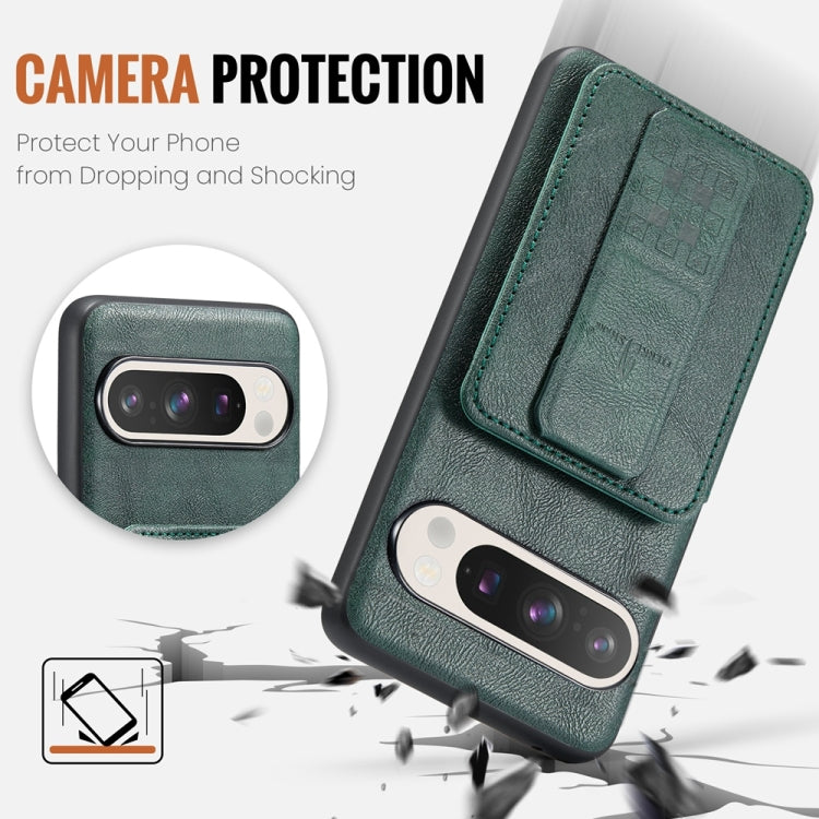 For Google Pixel 9 Pro XL Fierre Shann Oil Wax Cow Leather Card Holder Back Phone Case(Green) by FIERRE SHANN