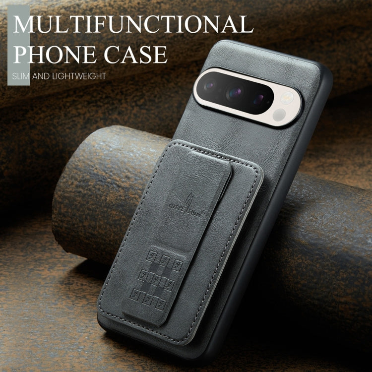 For Google Pixel 9 Pro XL Fierre Shann Oil Wax Cow Leather Card Holder Back Phone Case(Grey) by FIERRE SHANN