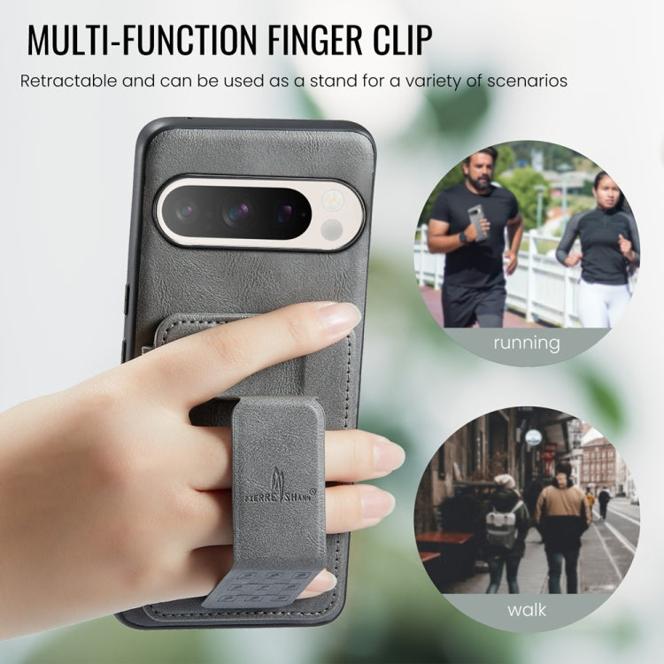 For Google Pixel 9 Pro XL Fierre Shann Oil Wax Cow Leather Card Holder Back Phone Case(Grey) by FIERRE SHANN