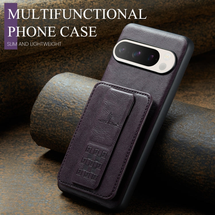 For Google Pixel 9 Pro XL Fierre Shann Oil Wax Cow Leather Card Holder Back Phone Case(Purple) by FIERRE SHANN