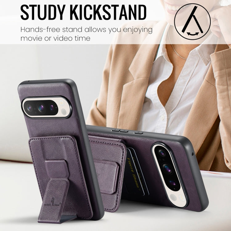For Google Pixel 9 Pro XL Fierre Shann Oil Wax Cow Leather Card Holder Back Phone Case(Purple) by FIERRE SHANN