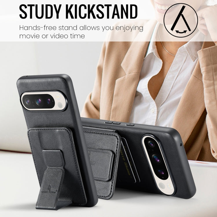 For Google Pixel 9 / 9 Pro Fierre Shann Oil Wax Cow Leather Card Holder Back Phone Case(Black) by FIERRE SHANN