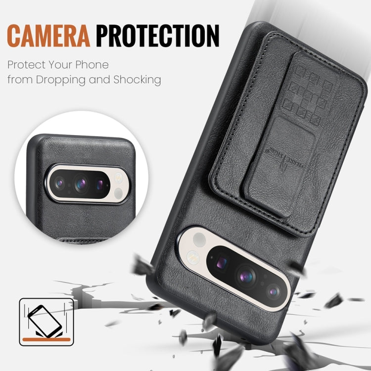 For Google Pixel 9 / 9 Pro Fierre Shann Oil Wax Cow Leather Card Holder Back Phone Case(Black) by FIERRE SHANN