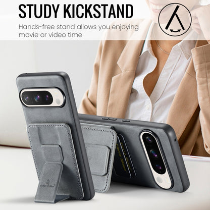 For Google Pixel 9 / 9 Pro Fierre Shann Oil Wax Cow Leather Card Holder Back Phone Case(Grey) by FIERRE SHANN