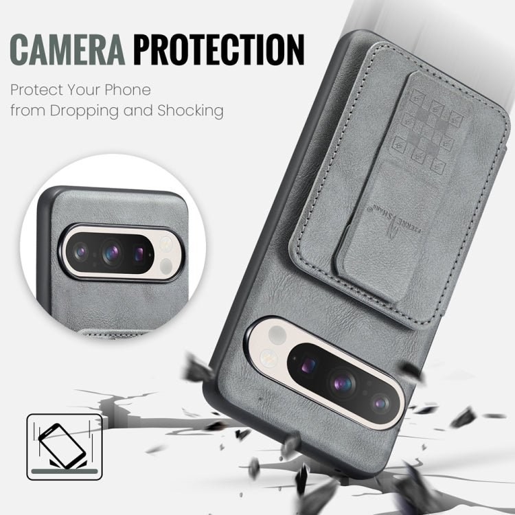 For Google Pixel 9 / 9 Pro Fierre Shann Oil Wax Cow Leather Card Holder Back Phone Case(Grey) by FIERRE SHANN