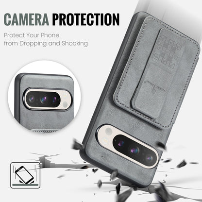 For Google Pixel 9 / 9 Pro Fierre Shann Oil Wax Cow Leather Card Holder Back Phone Case(Grey) by FIERRE SHANN