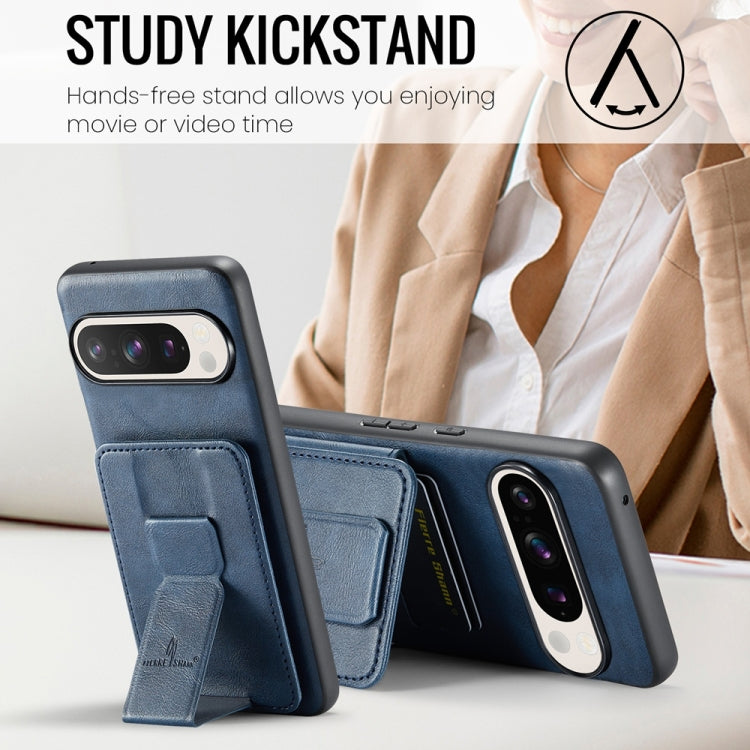 For Google Pixel 9 / 9 Pro Fierre Shann Oil Wax Cow Leather Card Holder Back Phone Case(Blue) by FIERRE SHANN