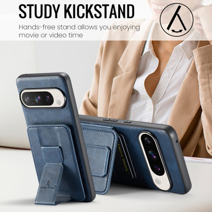 For Google Pixel 9 / 9 Pro Fierre Shann Oil Wax Cow Leather Card Holder Back Phone Case(Blue) by FIERRE SHANN