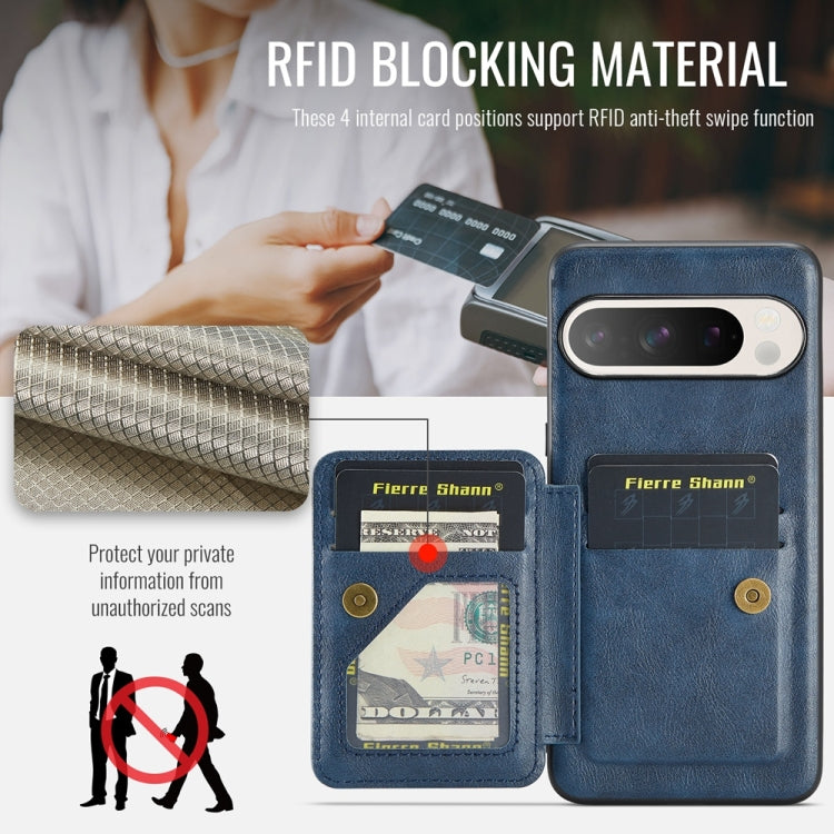 For Google Pixel 9 / 9 Pro Fierre Shann Oil Wax Cow Leather Card Holder Back Phone Case(Blue) by FIERRE SHANN