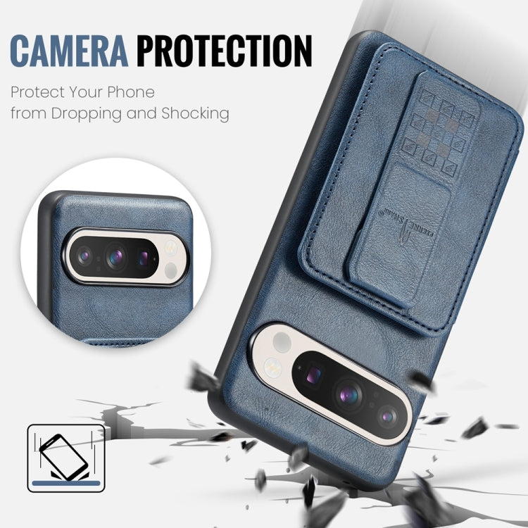 For Google Pixel 9 / 9 Pro Fierre Shann Oil Wax Cow Leather Card Holder Back Phone Case(Blue) by FIERRE SHANN